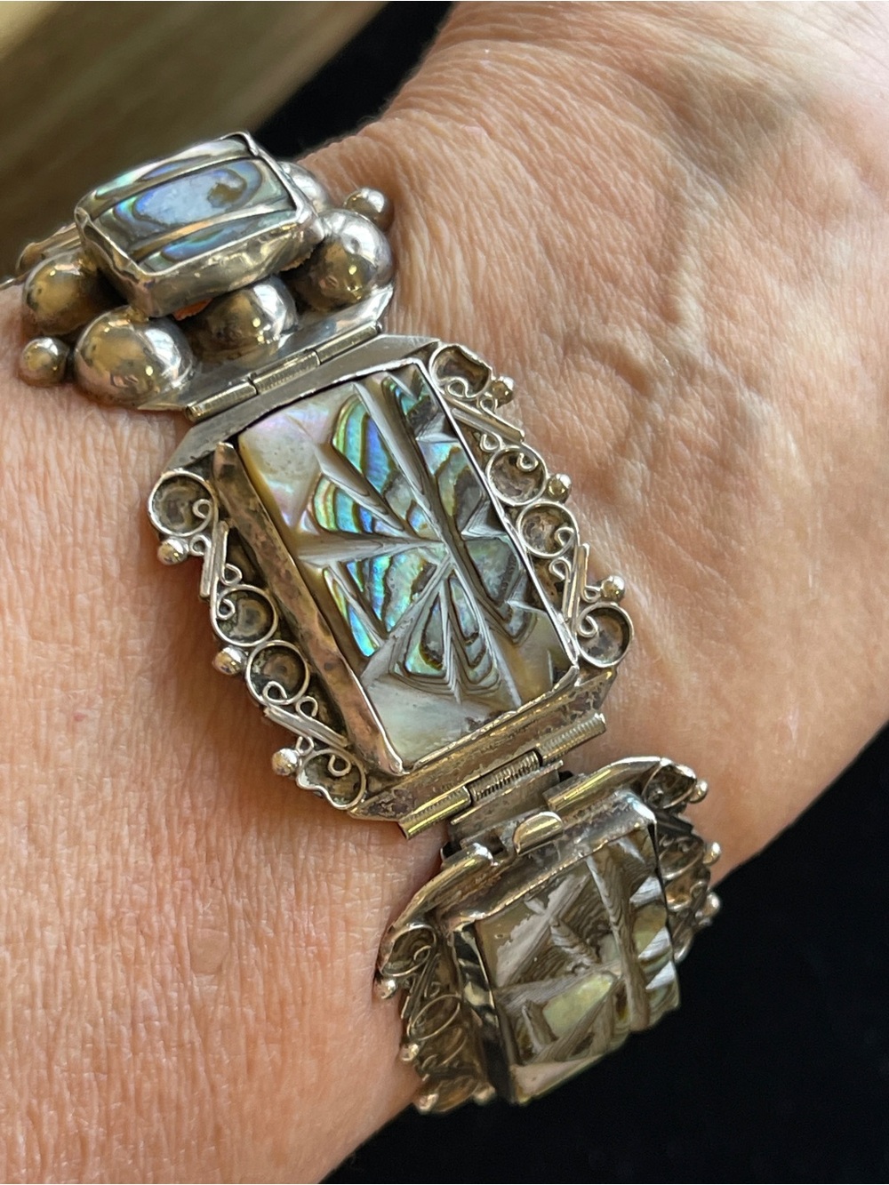 Elaborate Vintage Carved Abalone Rectangular Panel Bracelet Sterling Mexico